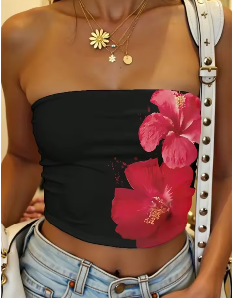 Top tubo estampado flores - Negro